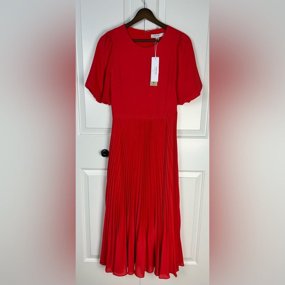EVERNEW - Charlotte Red Puff Sleeve Pleated Midi Dress - Picture 11 of 14